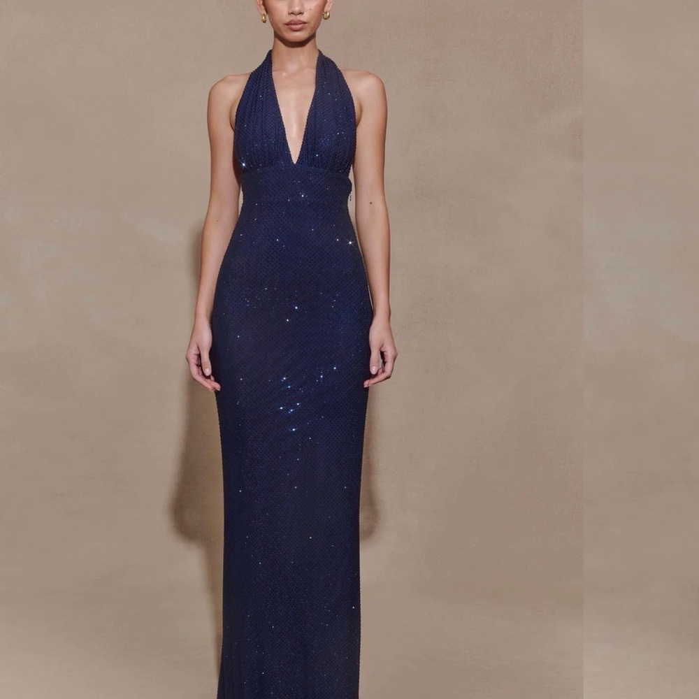 meshki Elegant Navy Blue Halter Dress